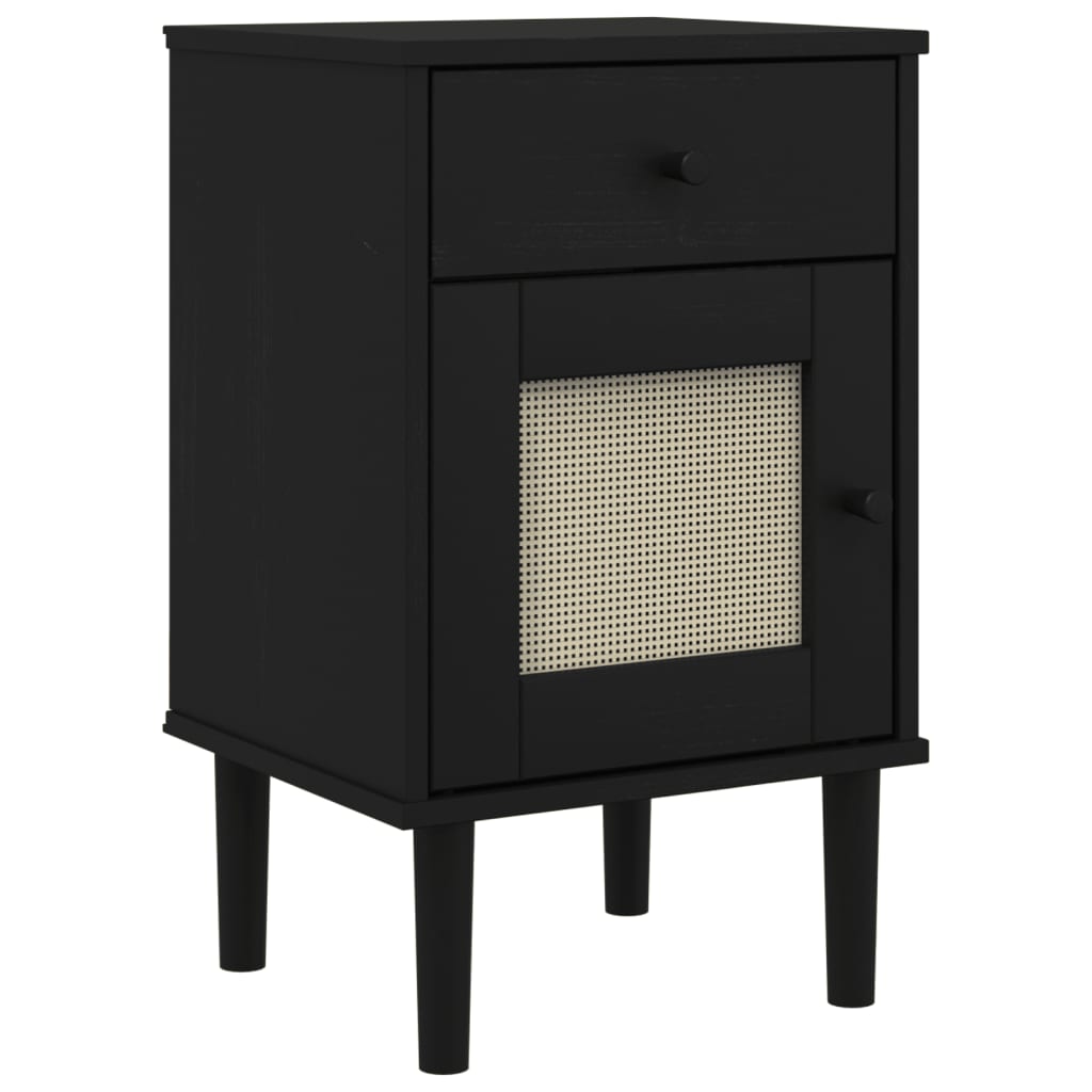 Nachtkastje Senja Rattan-Look 40X35X65 Cm Grenenhout Zwart