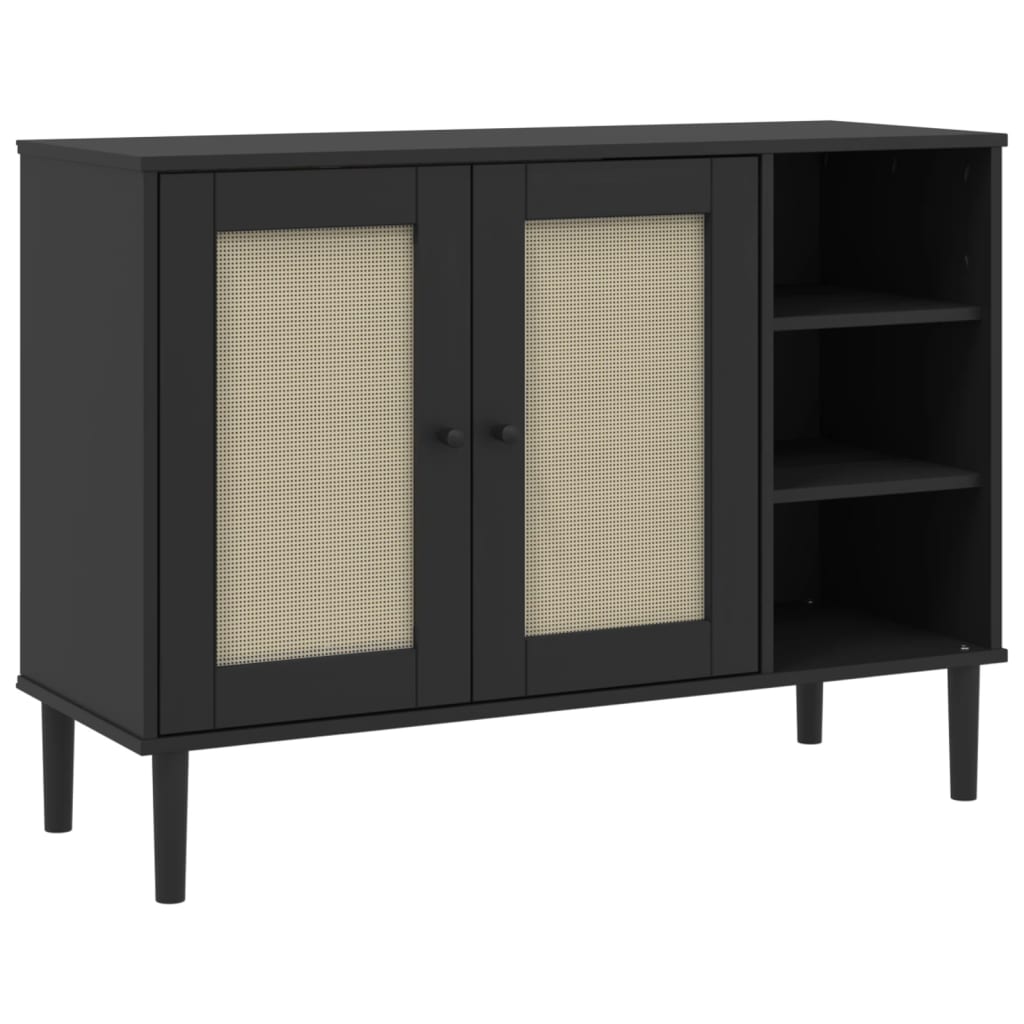 Dressoir Senja 112X40X80 Cm Rattan Massief Grenenhout Zwart