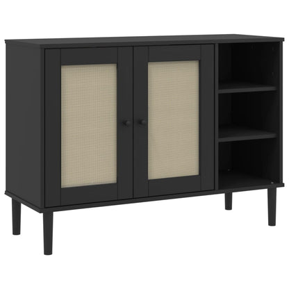 Dressoir Senja 112X40X80 Cm Rattan Massief Grenenhout Zwart