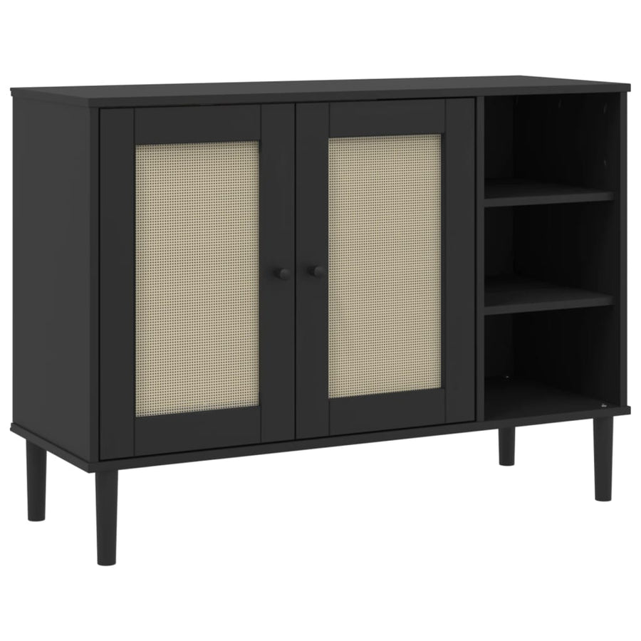 Dressoir Senja 112X40X80 Cm Rattan Massief Grenenhout Zwart