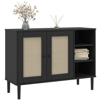 Dressoir Senja 112X40X80 Cm Rattan Massief Grenenhout Zwart