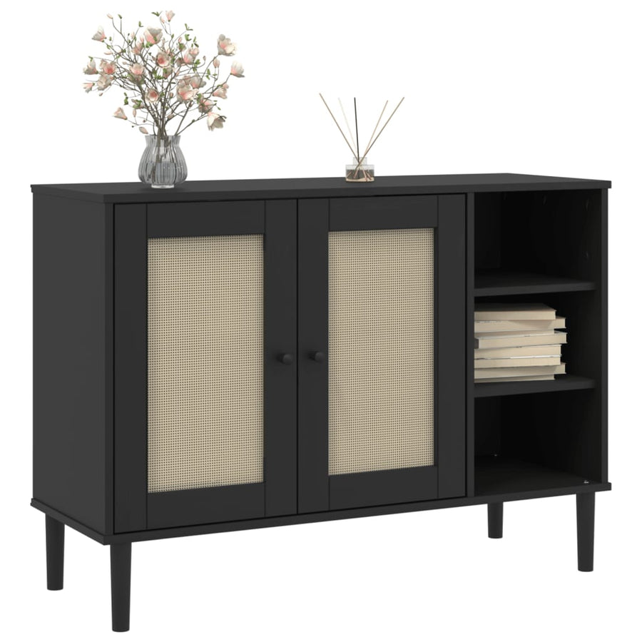 Dressoir Senja 112X40X80 Cm Rattan Massief Grenenhout Zwart