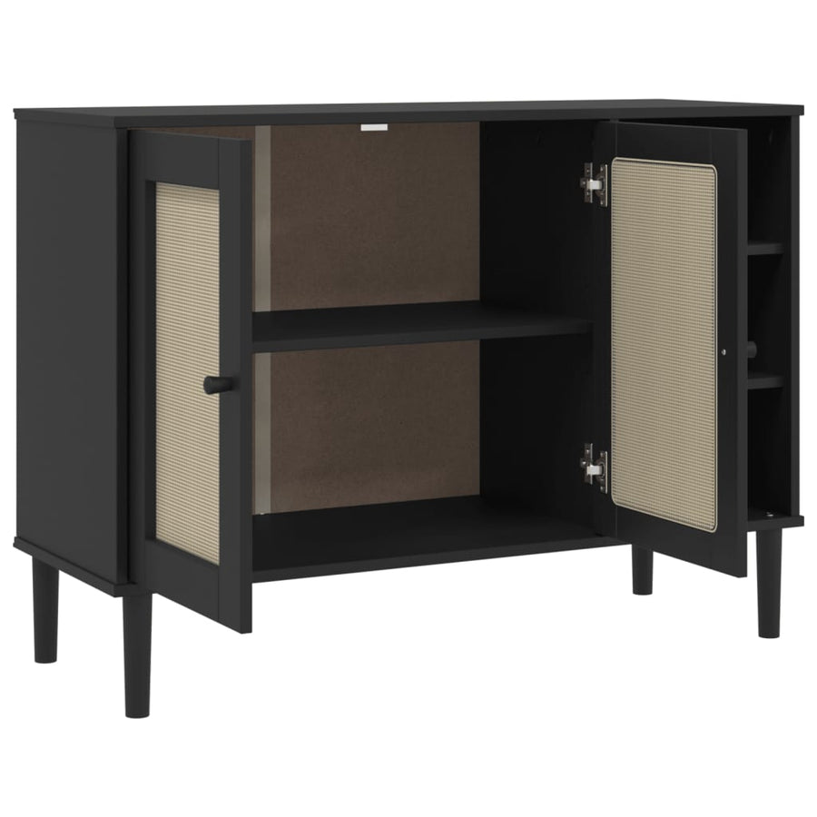 Dressoir Senja 112X40X80 Cm Rattan Massief Grenenhout Zwart