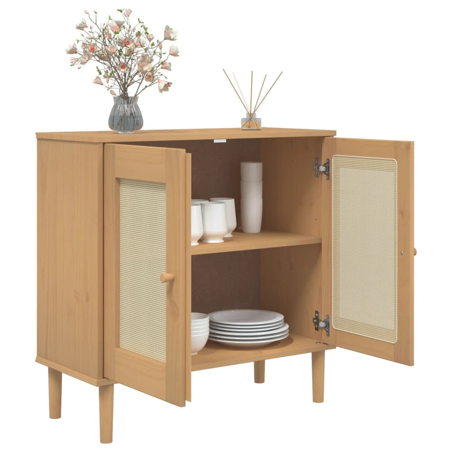 Dressoir Senja 80X35X80 Cm Rattan Look Massief Grenenhout Bruin