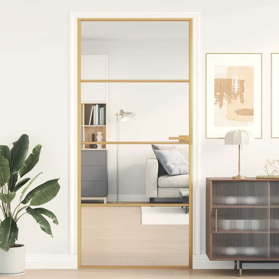 Binnendeur Smal 93X201,5 Cm Gehard Glas En Aluminium Kleur Goud En Transparant 93 x 201.5 cm