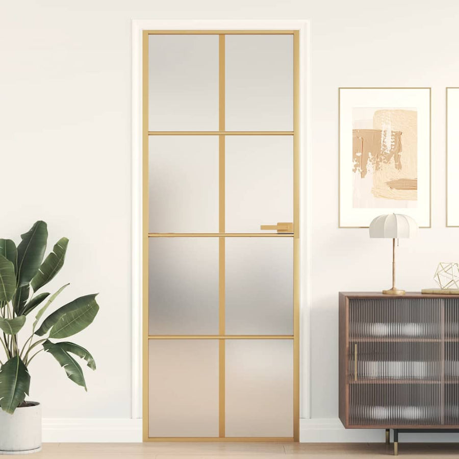 Binnendeur smal 76x201,5 cm gehard glas en aluminium goudkleur