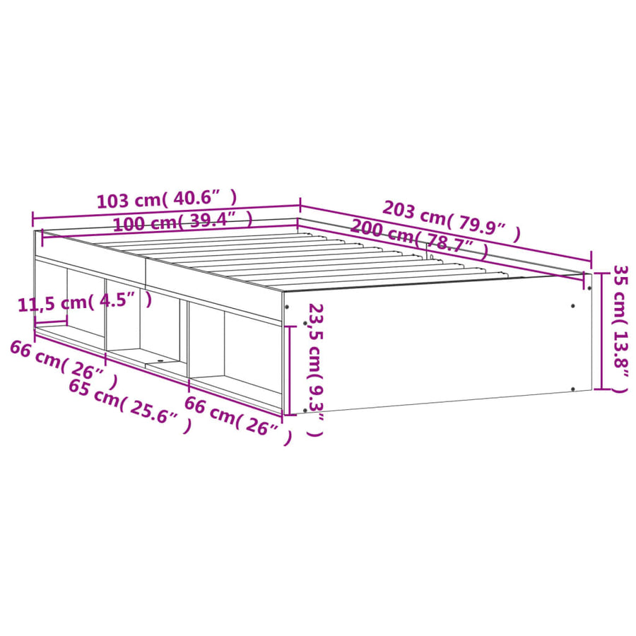 Bedframe Eikenkleurig 100 x 200 cm Grijs sonoma