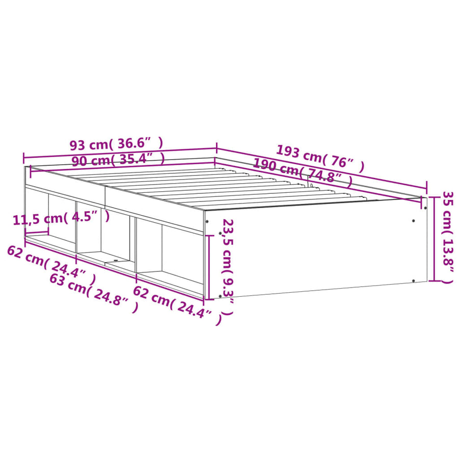 Bedframe Kleurig 90 x 190 cm Sonoma eiken