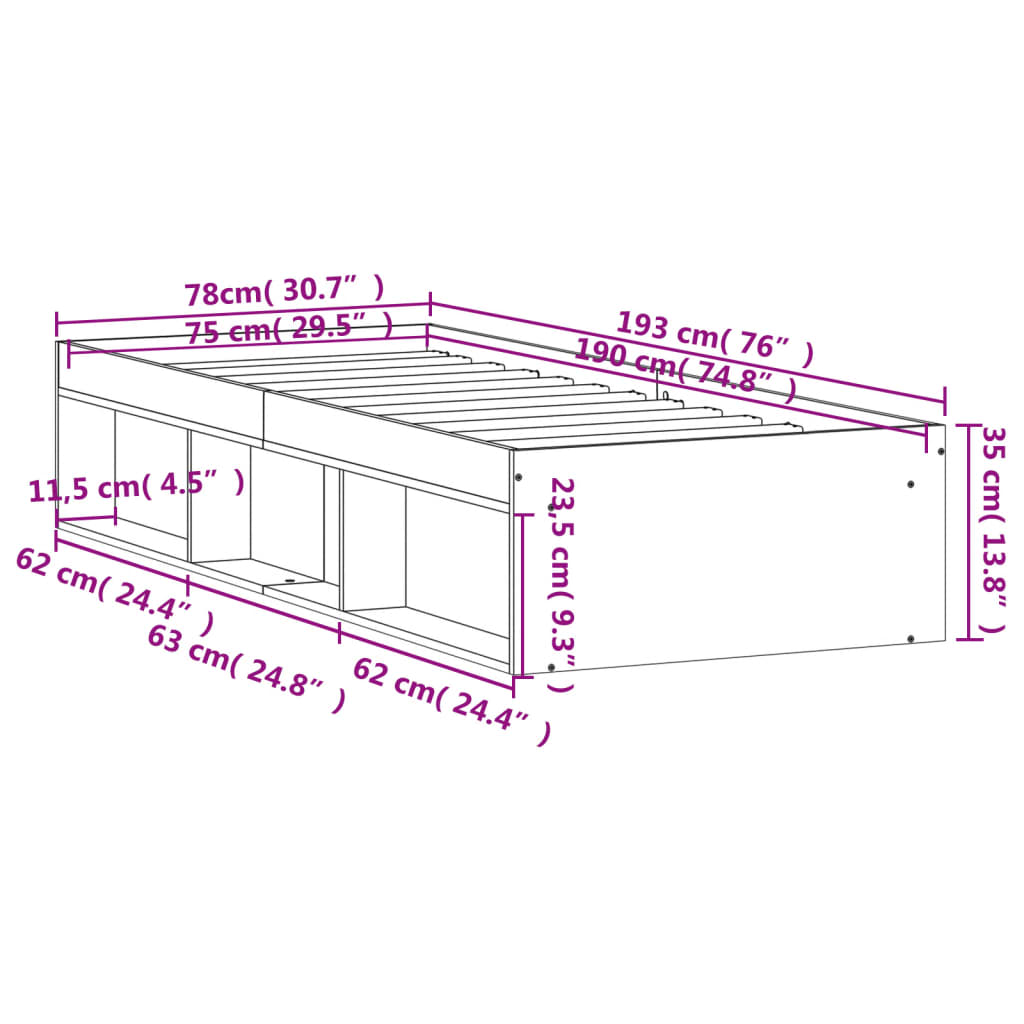 Bedframe Ig 75 x 190 cm bruin eikenkleur