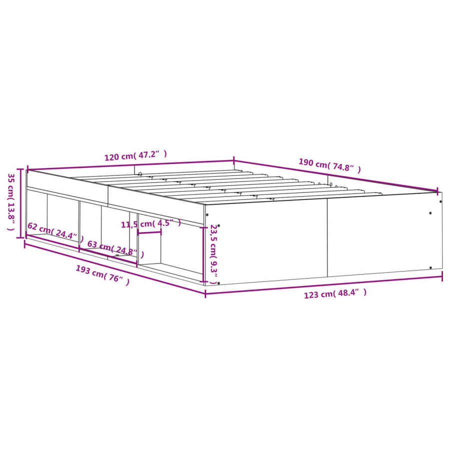 Bedframe Eikenkleurig 120 x 190 cm Grijs sonoma