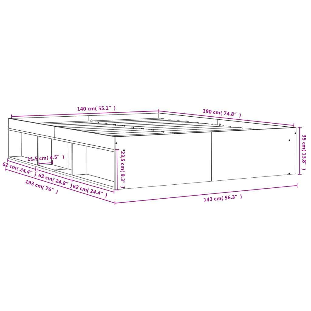 Bedframe Eikenkleurig 140 x 190 cm Grijs sonoma