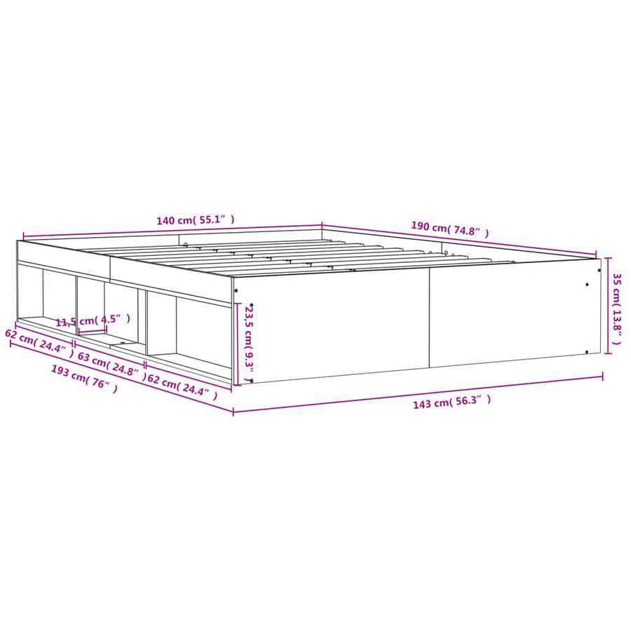 Bedframe Eikenkleurig 140 x 190 cm Grijs sonoma