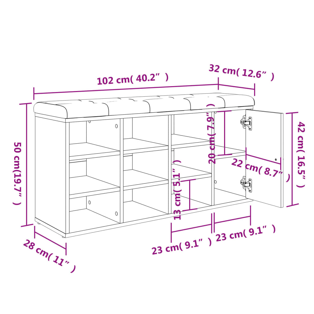 Schoenenbank 102X32X50 Cm Bewerkt Hout Kleurig Sonoma eiken