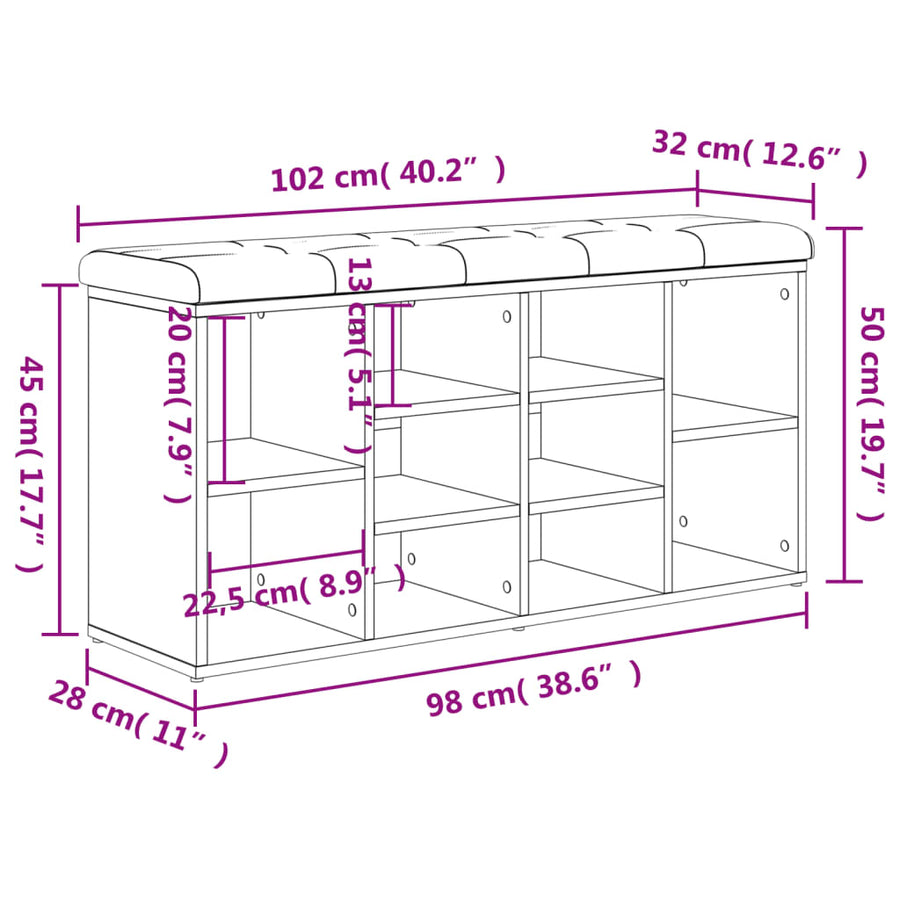 Schoenenbank 102x32x50 cm bewerkt hout gerookt eikenkleurig