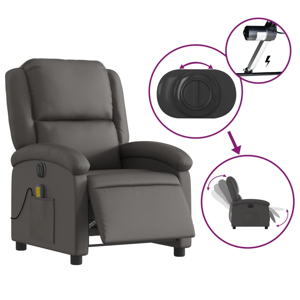 Fauteuil verstelbaar elektrisch echt leer grijs