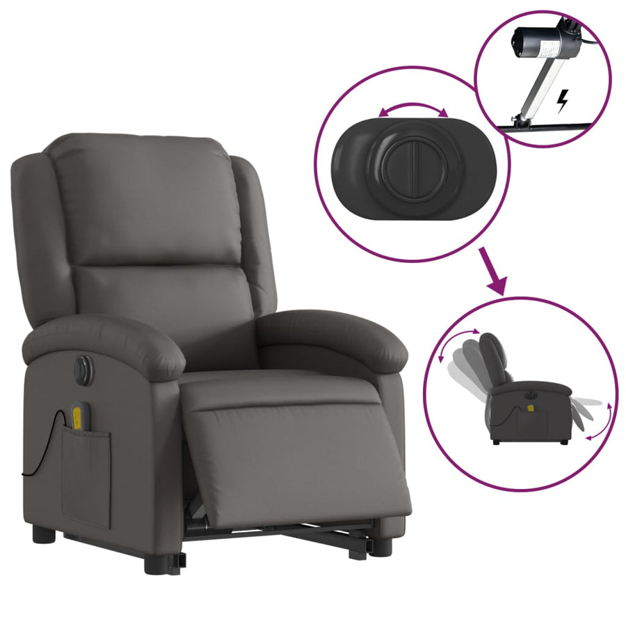 Sta-Op-Massagestoel Elektrisch Echt Leer Grijs Ja Elektrisch verstelbaar