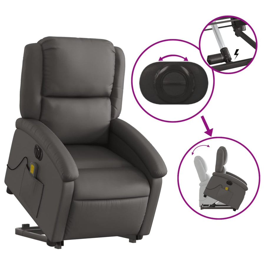 Sta-Op-Massagestoel Elektrisch Echt Leer Grijs Ja Elektrisch verstelbaar