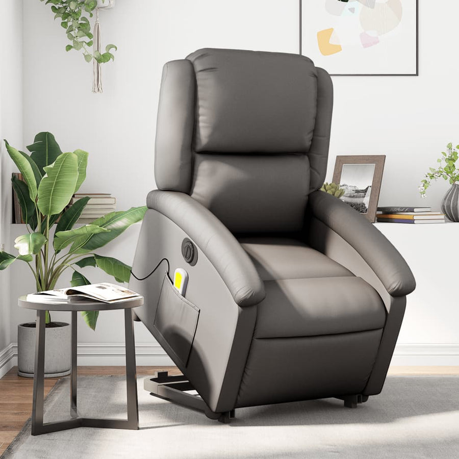 Sta-Op-Massagestoel Elektrisch Echt Leer Grijs Ja Elektrisch verstelbaar
