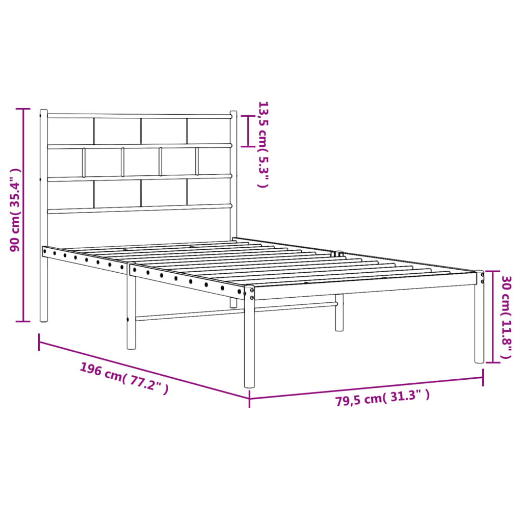 Bedframe Metaal 75 X 190 Cm Wit met hoofdbord