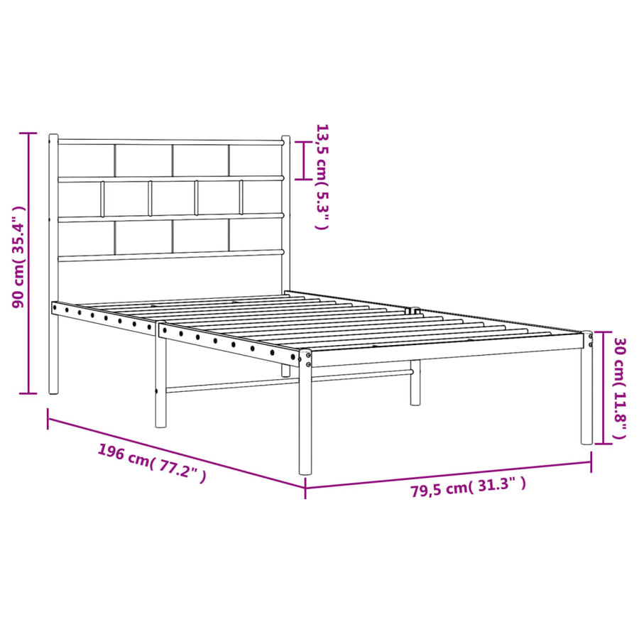 Bedframe Metaal 75 X 190 Cm Wit met hoofdbord