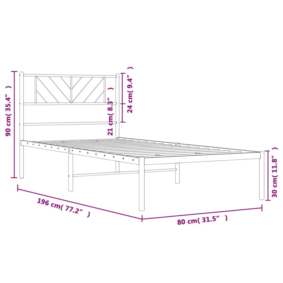 Bedframe Metaal 75 x 190 cm Zwart met hoofdbord