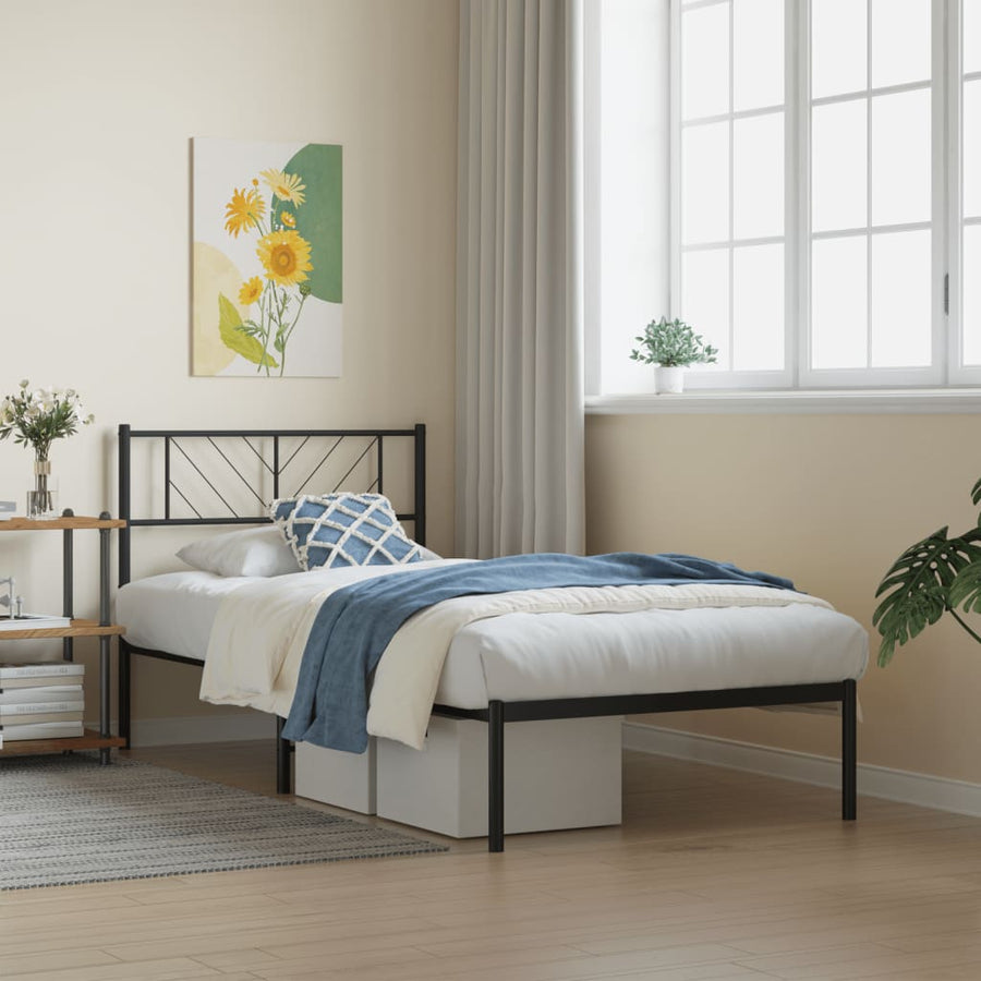 Bedframe Metaal 75 x 190 cm Zwart met hoofdbord