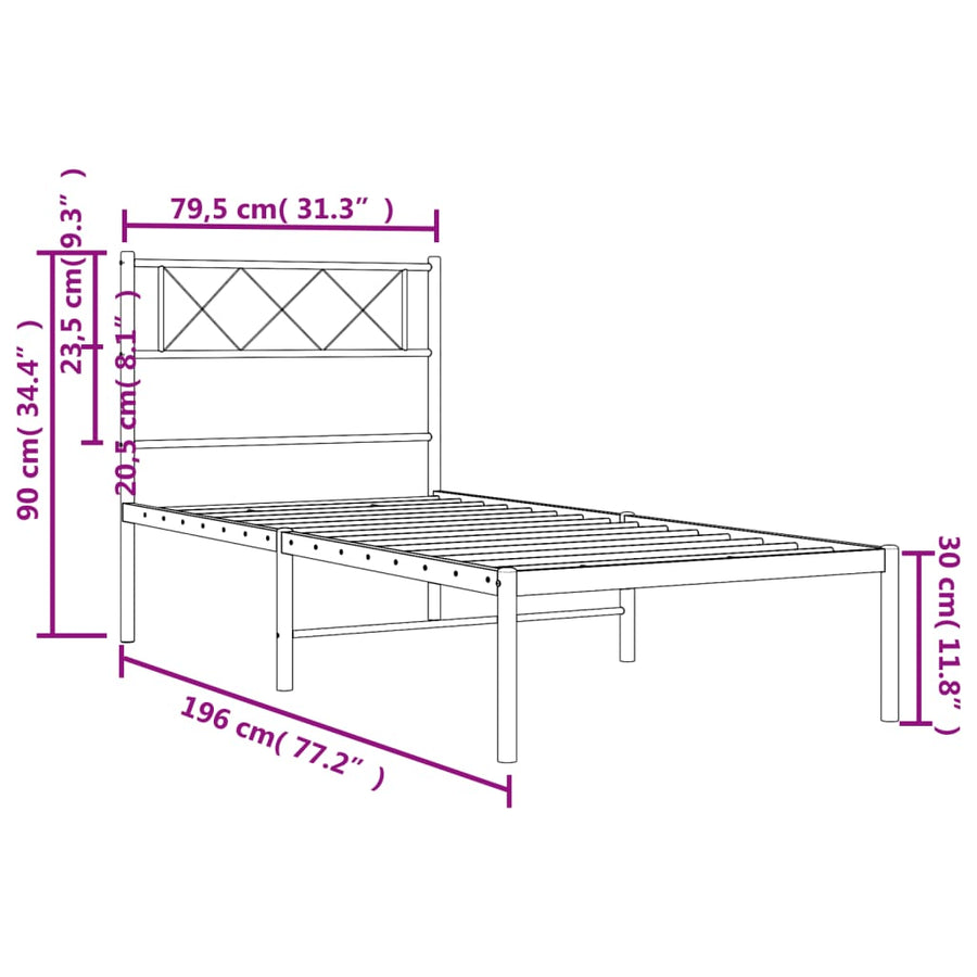 Bedframe Metaal 75 x 190 cm Zwart met hoofdbord