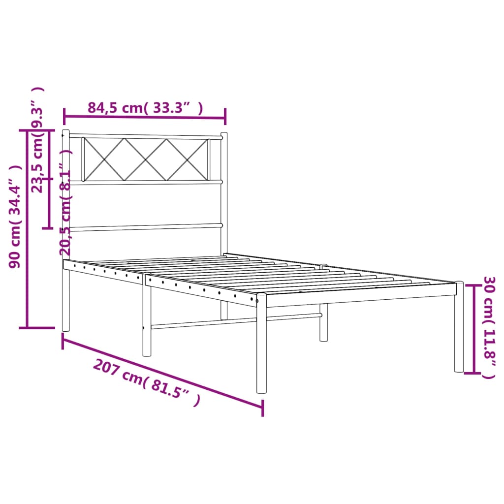 Bedframe Metaal 80 x 200 cm Zwart met hoofdbord
