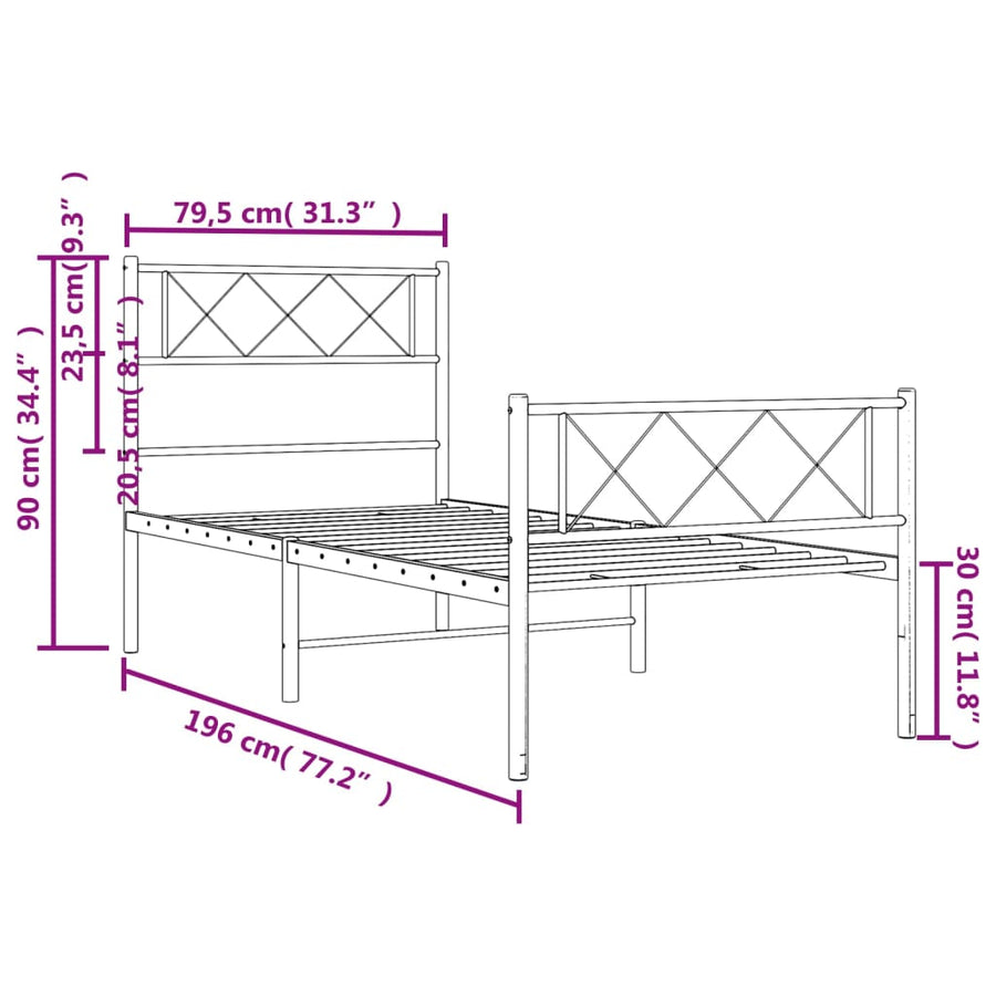 Bedframe Met Hoofd- En Voeteneinde Metaal 75 x 190 cm Zwart met hoofdbord & voetbord