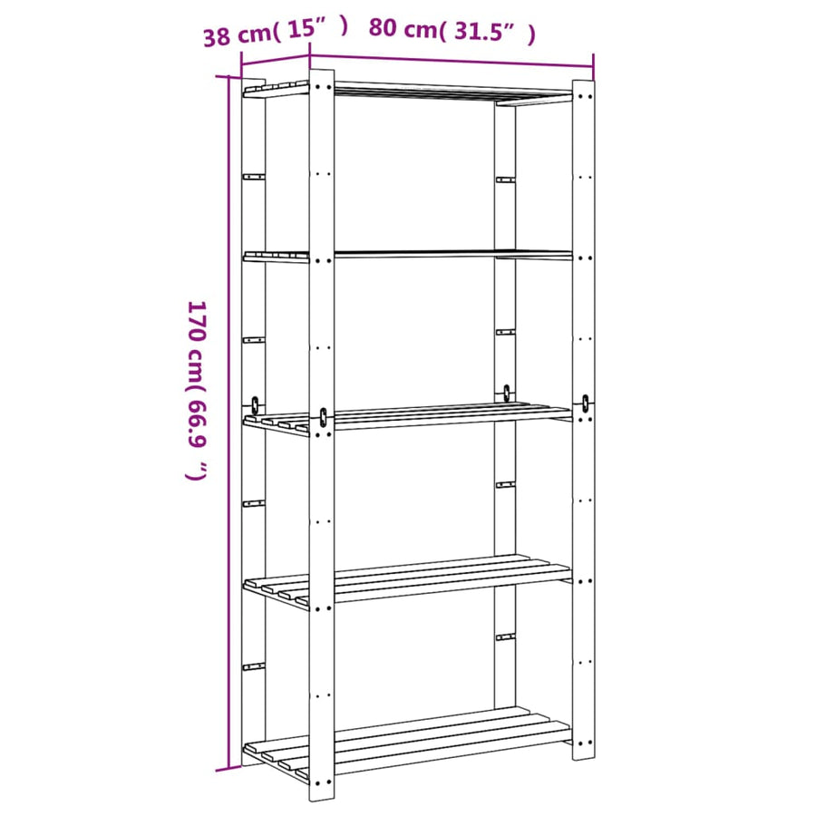 Opbergrek 5-Laags Massief Grenenhout Grijs 80 x 38 x 170 cm