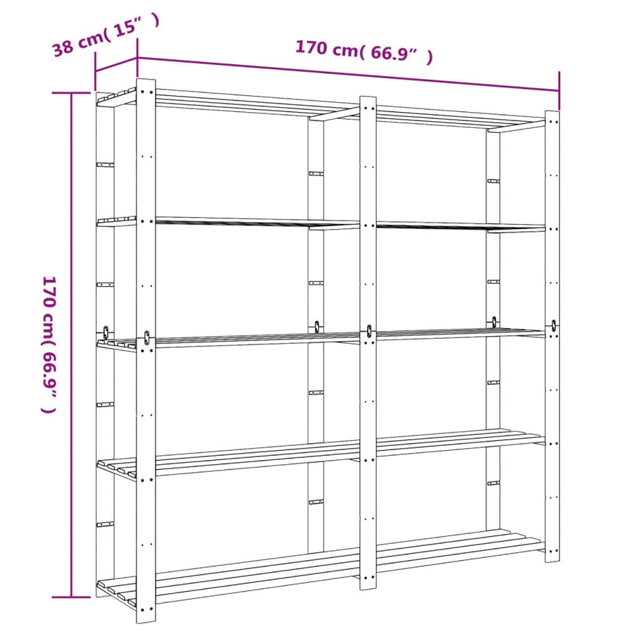 Opbergrek 5-Laags Massief Grenenhout 170 x 38 x 170 cm Bruin
