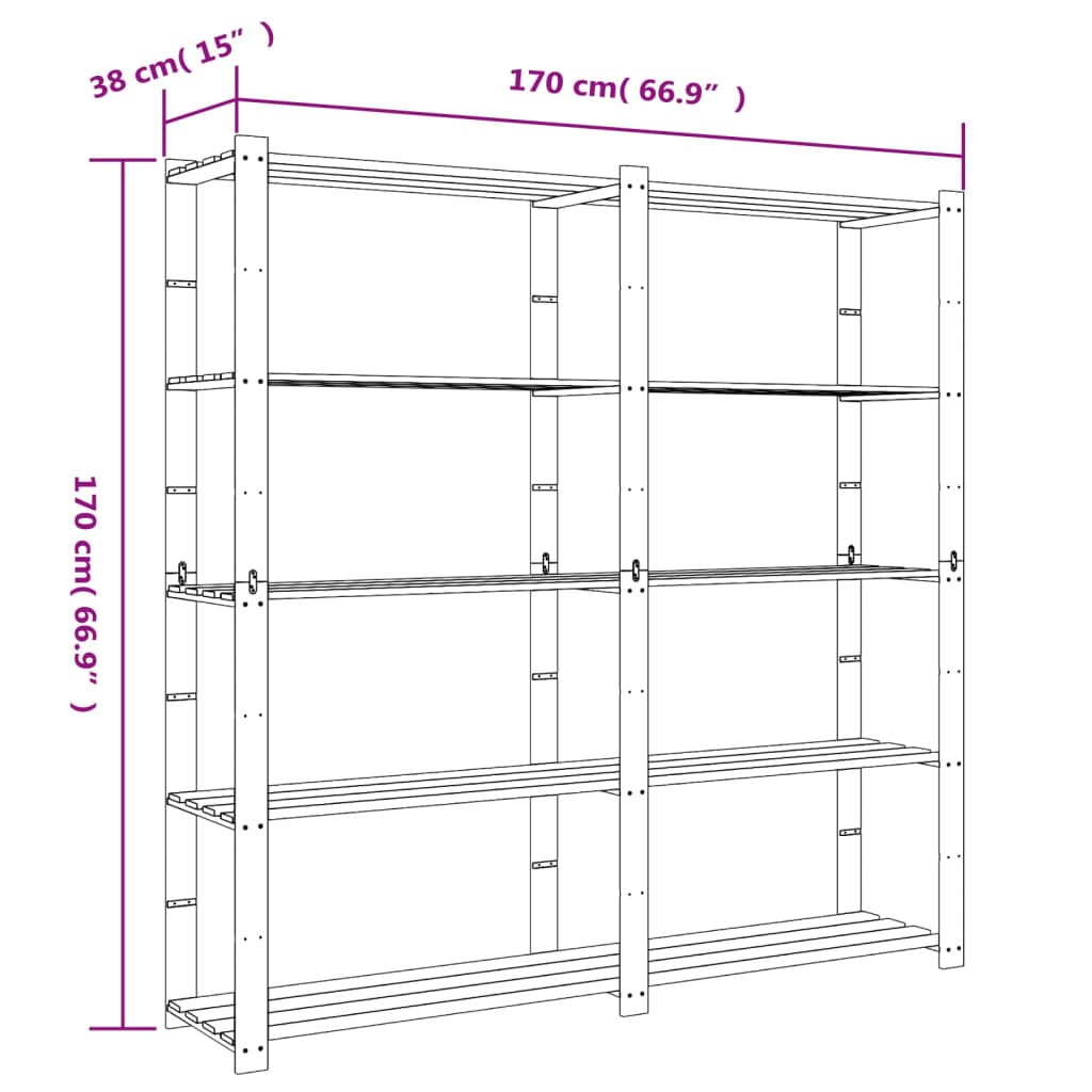 Opbergrek 5-Laags Massief Grenenhout 170 x 38 x 170 cm Zwart