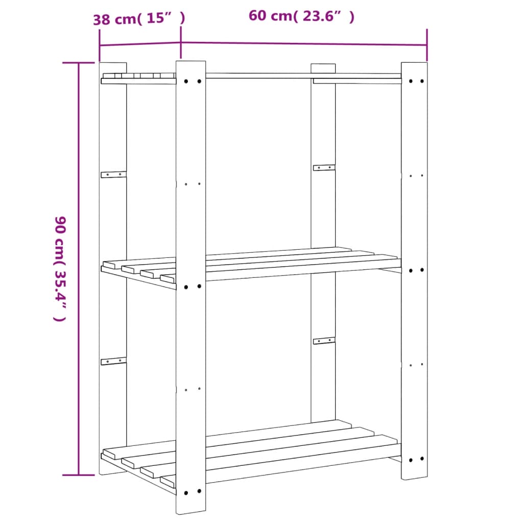 Opbergrek 3-Laags Massief Grenenhout 60 x 38 x 90 cm Zwart