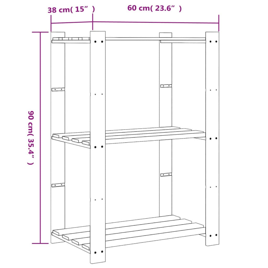 Opbergrek 3-Laags Massief Grenenhout 60 x 38 x 90 cm Zwart