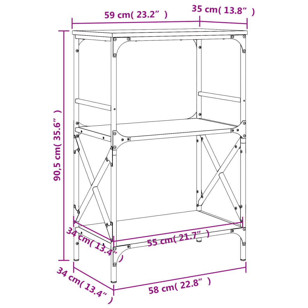 Boekenkast 3-Laags 59X35X90,5 Cm Bewerkt Hout 90.5 cm