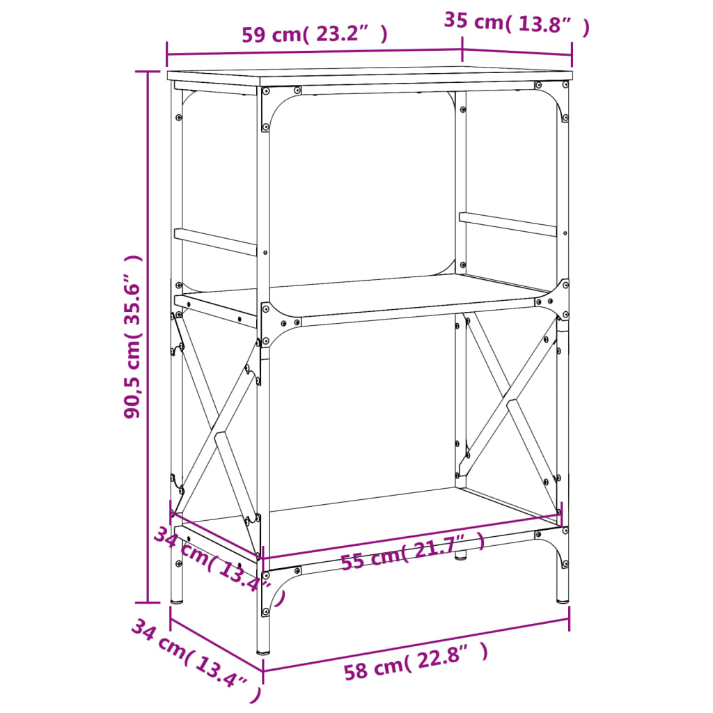 Boekenkast 3-Laags 59X35X90,5 Cm Bewerkt Hout Bruineikenkleurig 59 x 35 x 90.5 cm bruin eikenkleur