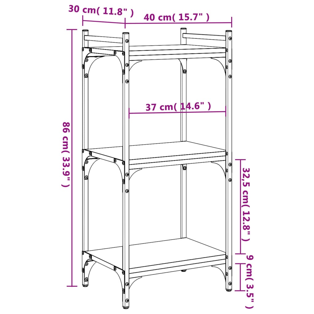 Boekenkast 3-Laags Bewerkt Hout 40 x 30 x 86 cm Grijs sonoma