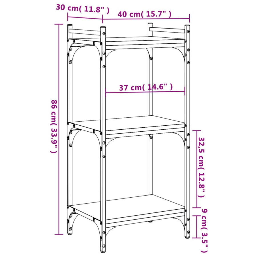 Boekenkast 3-Laags Bewerkt Hout 40 x 30 x 86 cm Grijs sonoma