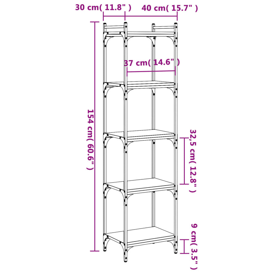 Boekenkast 5-Laags Bewerkt Hout Eiken 40 x 30 x 154 cm Grijs sonoma