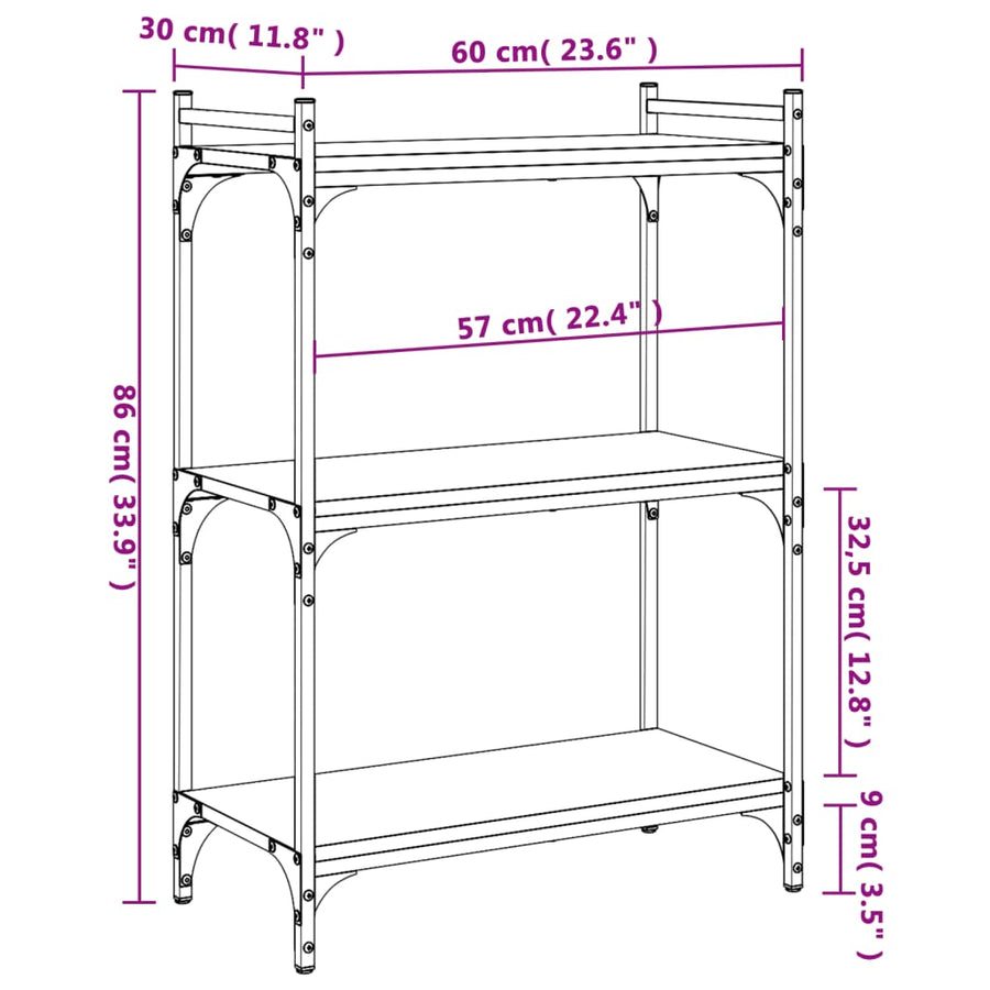 Boekenkast 3-Laags Bewerkt Hout 60 x 30 x 86 cm Zwart