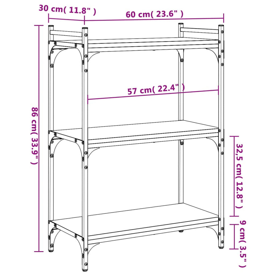 Boekenkast 3-Laags Bewerkt Hout Eiken 60 x 30 x 86 cm Grijs sonoma