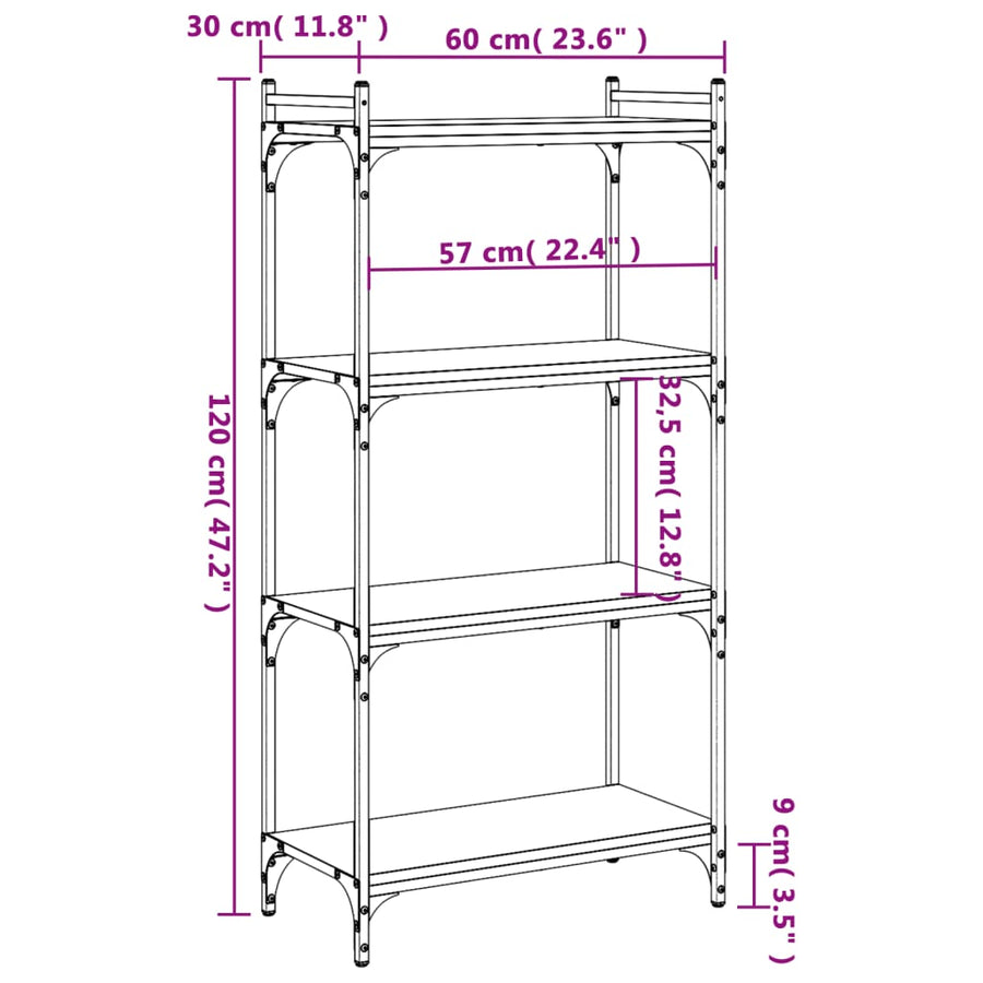 Boekenkast 4-laags 60x30x120 cm bewerkt hout grijs sonoma eiken 60 x 30 x 120 cm Grijs sonoma