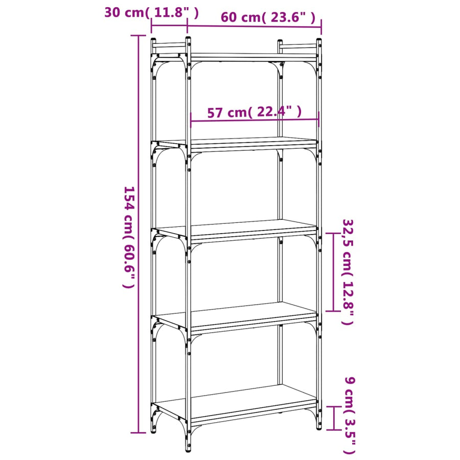 Boekenkast 5-Laags Bewerkt Hout 60 x 30 x 154 cm Grijs sonoma