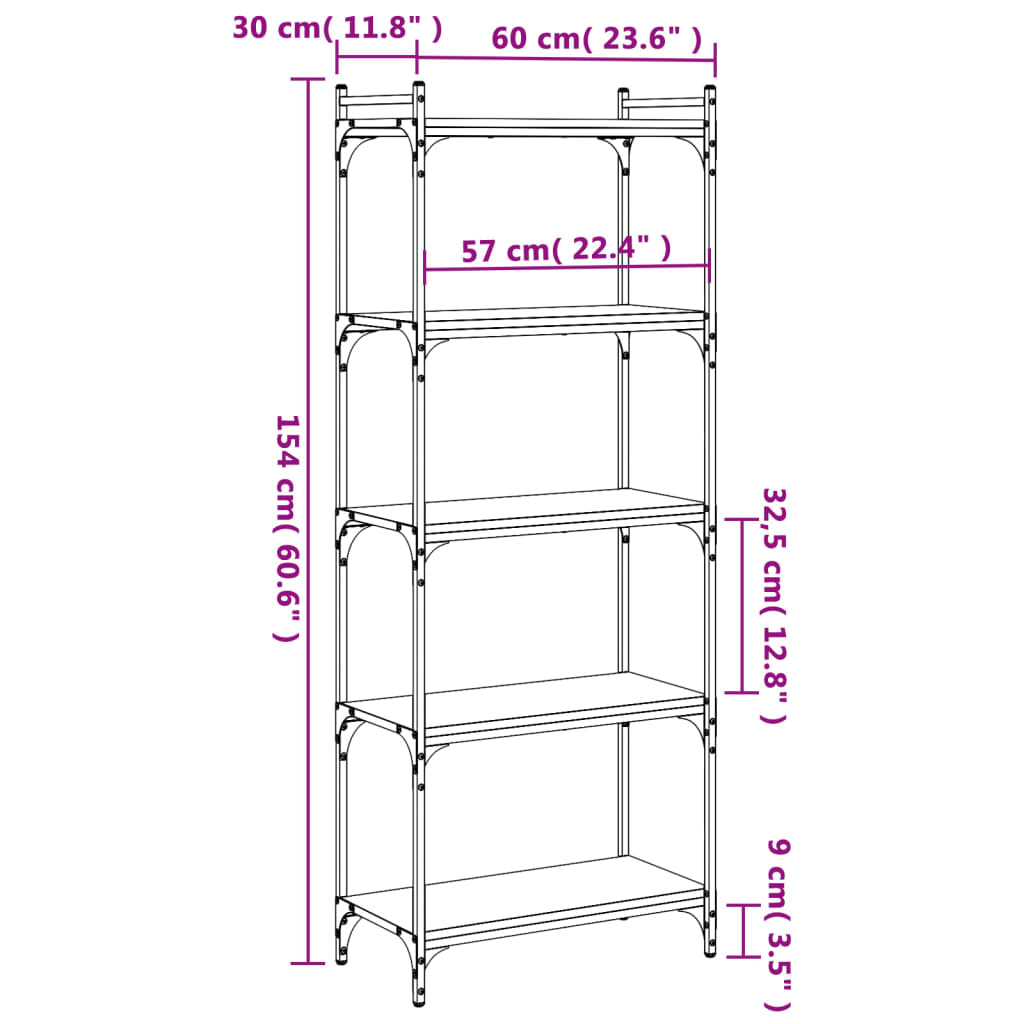 Boekenkast 5-Laags 60X30X Bewerkt Hout Bruin Eikenkleur 60 cm