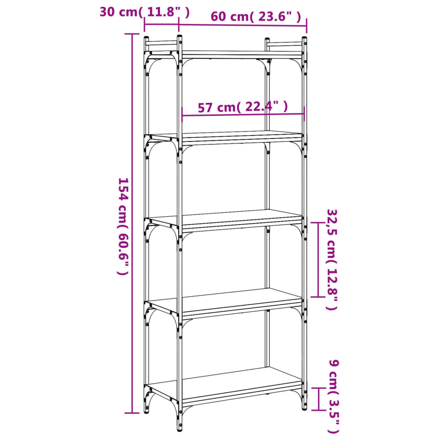 Boekenkast 5-Laags 60X30X Bewerkt Hout Bruin Eikenkleur 60 cm