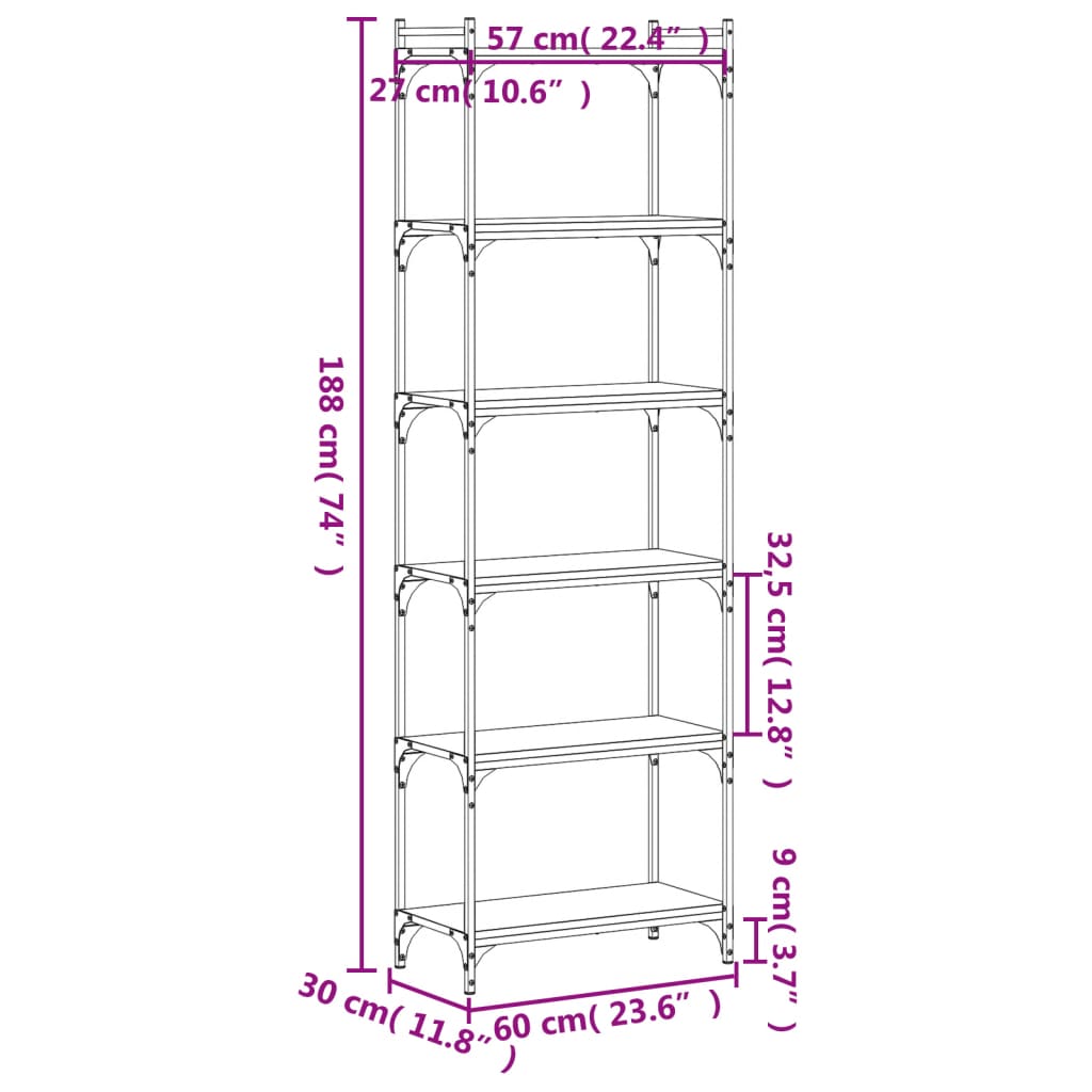 Boekenkast 6-Laags 60X30X Bewerkt Hout Bruin Eikenkleur 60 cm