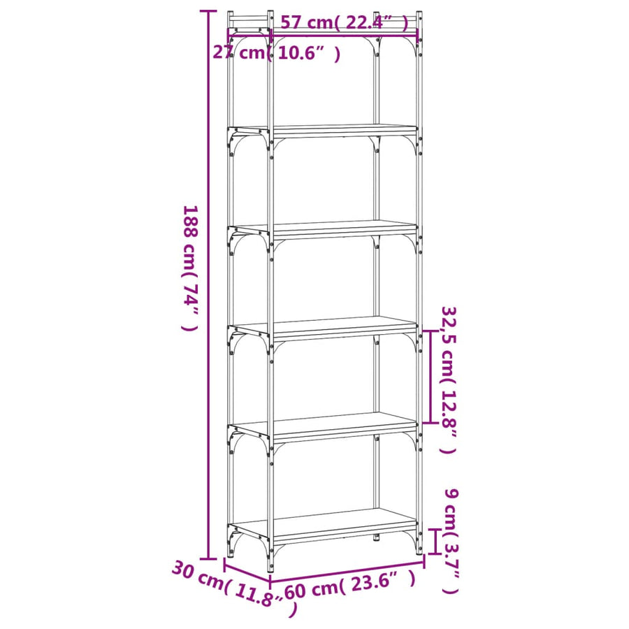 Boekenkast 6-Laags 60X30X Bewerkt Hout Bruin Eikenkleur 60 cm