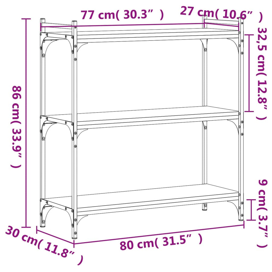 Boekenkast 3-Laags 80X30X Bewerkt Hout Zwart 80 cm