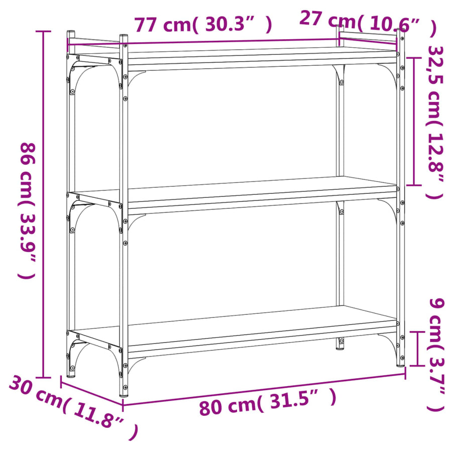 Boekenkast 3-Laags Bewerkt Hout 80 x 30 x 86 cm Grijs sonoma