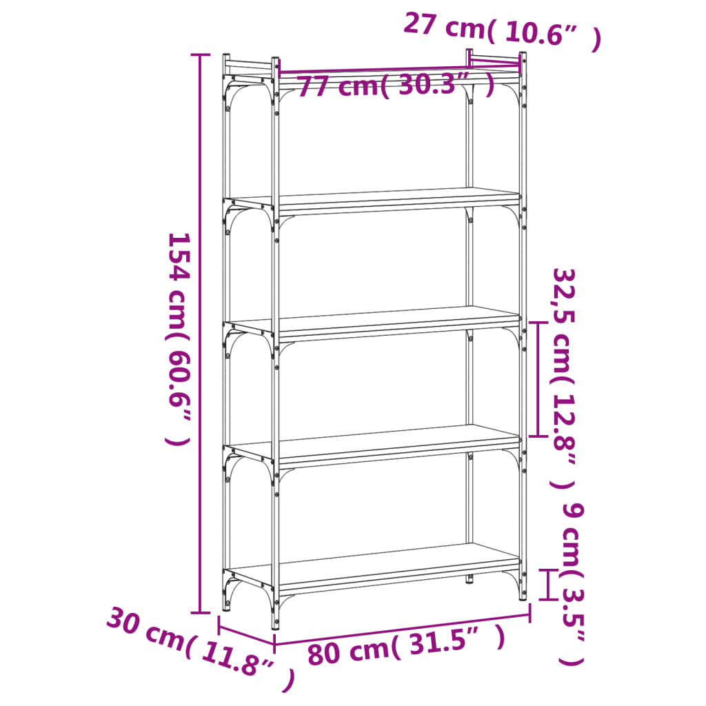 Boekenkast 5-Laags Bewerkt Hout 80 x 30 x 154 cm Zwart